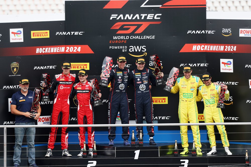 Race 2 Overall Podium (l-r) #32 – Team WRT – Dries VANTHOOR – Charles WEERTS – BMW M4 GT3, #14 – Emil Frey Racing – Konsta LAPPALAINEN – Ben GREEN – Ferrari 296 GT3, #48 – Winward Racing Team MANN-FILTER – Lucas AUER – Maro Engel – Mercedes-AMG GT3 EVO  | SRO/JEP