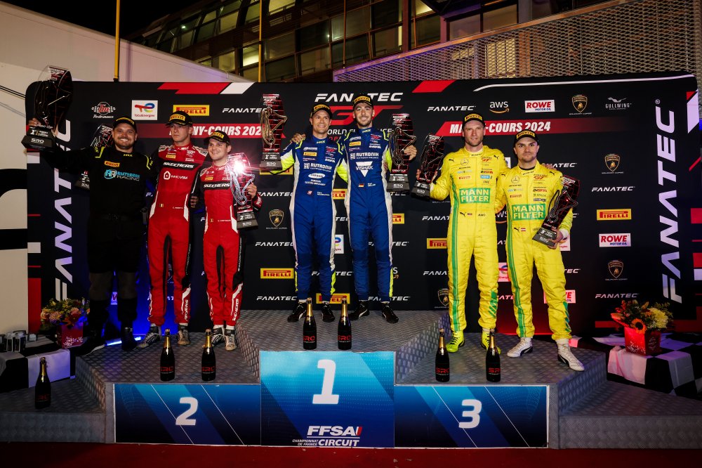 Overall Podium (l-r) #32 – Team WRT – Dries VANTHOOR – Charles WEERTS – BMW M4 GT3, #96 - Rutronik Racing – Patric NIEDERHAUSER – Sven MULLER – Porsche 911 GT3 R (992), #48 – Winward Racing Team MANN-FILTER – Lucas AUER – Maro Engel – Mercedes-AMG GT3 EVO | SRO/JEP